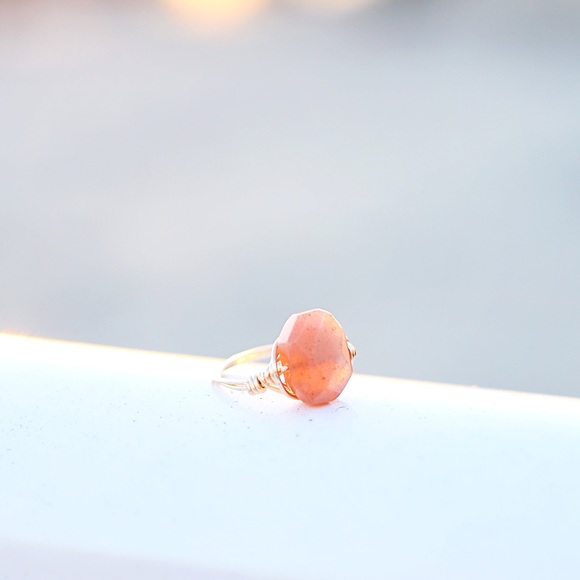 LucyMint Jewelry - Hexagon Peach Moonstone Wire Wrap Ring (J10)